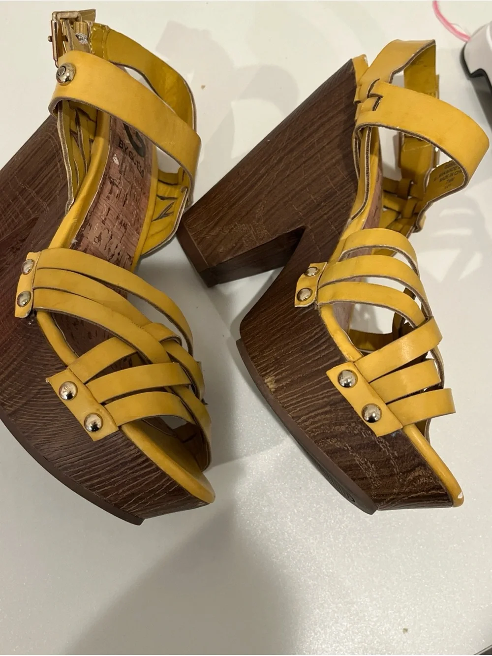 Guess Yellow Braided Platform Wedge Sandals